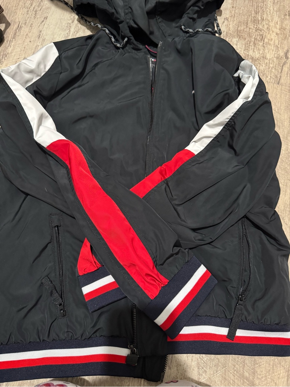 Tommy Hilfiger Black Hooded Bomber Jacket with Red & White Stripes